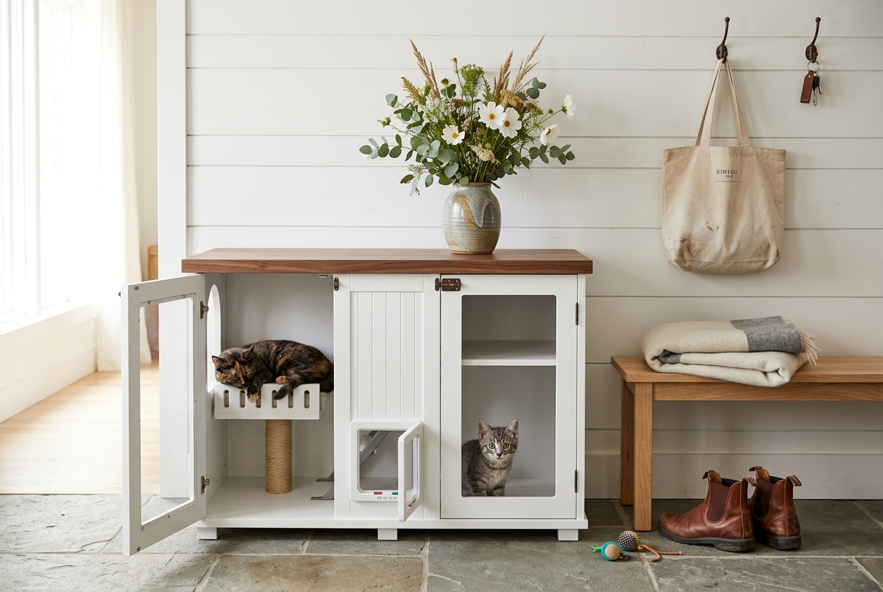 The Den in a Scandinavian entryway with two cats and fresh flowers