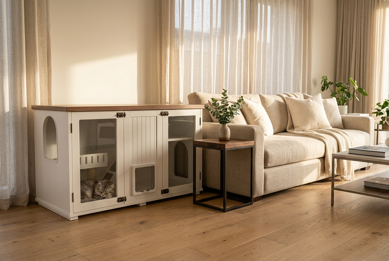 The Den in a sunlit modern living room with a grey tabby inside